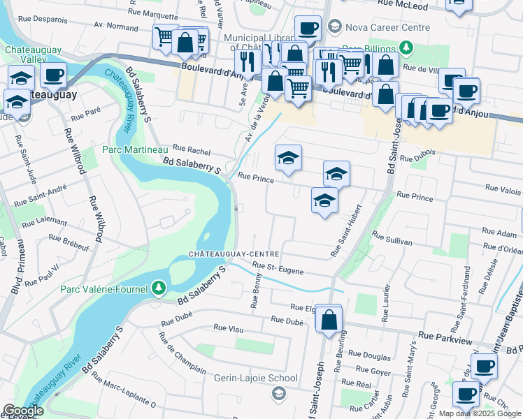 map of restaurants, bars, coffee shops, grocery stores, and more near 40 Rue Lautrec in Châteauguay