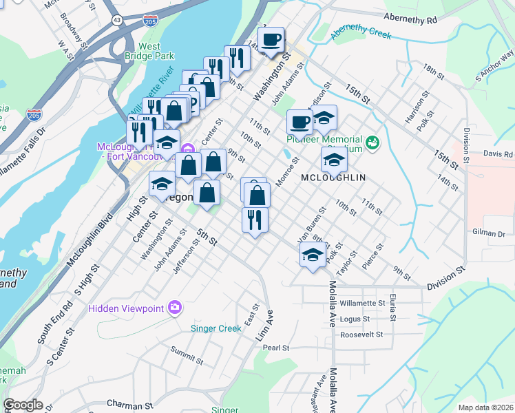 map of restaurants, bars, coffee shops, grocery stores, and more near 713 Monroe Street in Oregon City