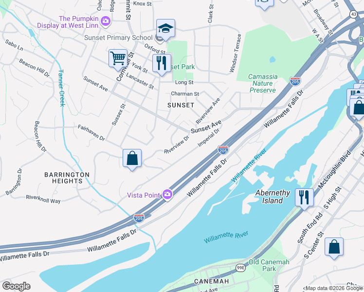 map of restaurants, bars, coffee shops, grocery stores, and more near 4269 Riverview Drive in West Linn