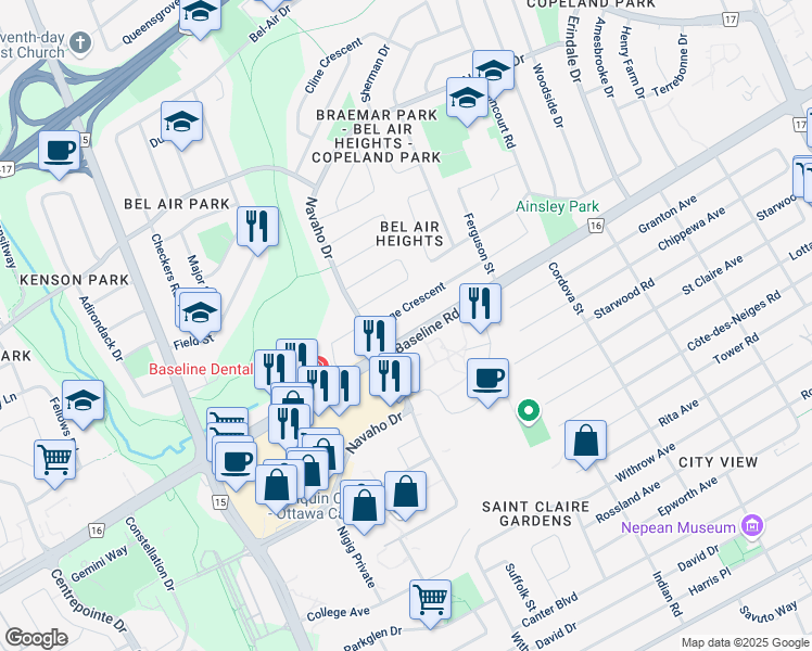 map of restaurants, bars, coffee shops, grocery stores, and more near 1805 Baseline Road in Ottawa