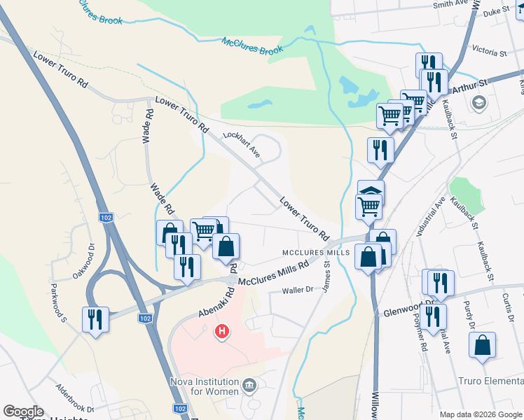 map of restaurants, bars, coffee shops, grocery stores, and more near 27 Wellington Court in Truro