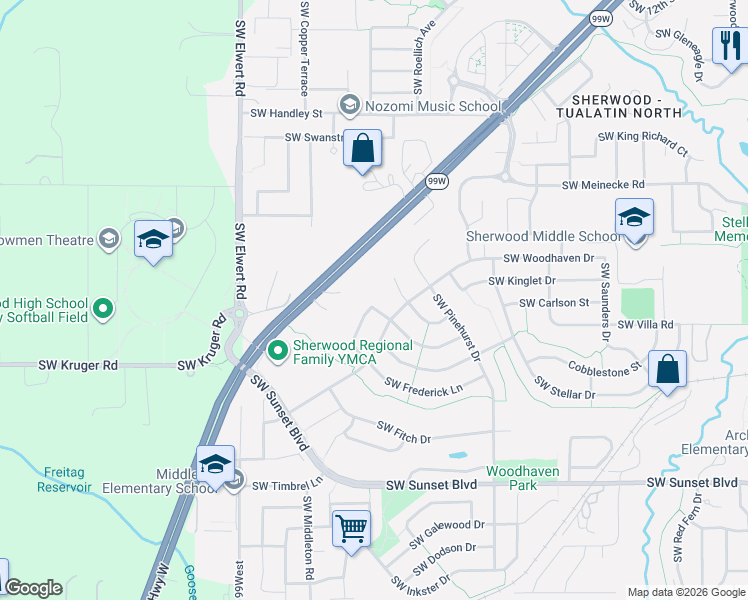 map of restaurants, bars, coffee shops, grocery stores, and more near 22839 Southwest Hosler Way in Sherwood