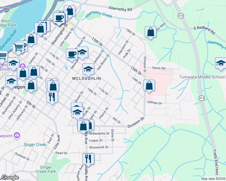 map of restaurants, bars, coffee shops, grocery stores, and more near 1116 Taylor Street in Oregon City