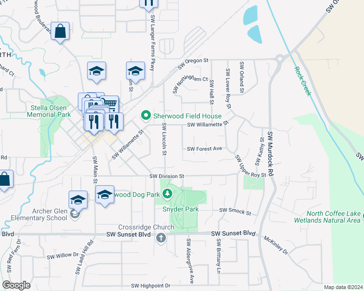 map of restaurants, bars, coffee shops, grocery stores, and more near 22778 Southwest Norton Avenue in Sherwood