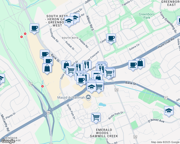 map of restaurants, bars, coffee shops, grocery stores, and more near 3438 Southgate Road in Ottawa