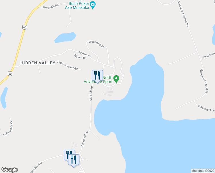 map of restaurants, bars, coffee shops, grocery stores, and more near 11 Ski Club Road in Huntsville