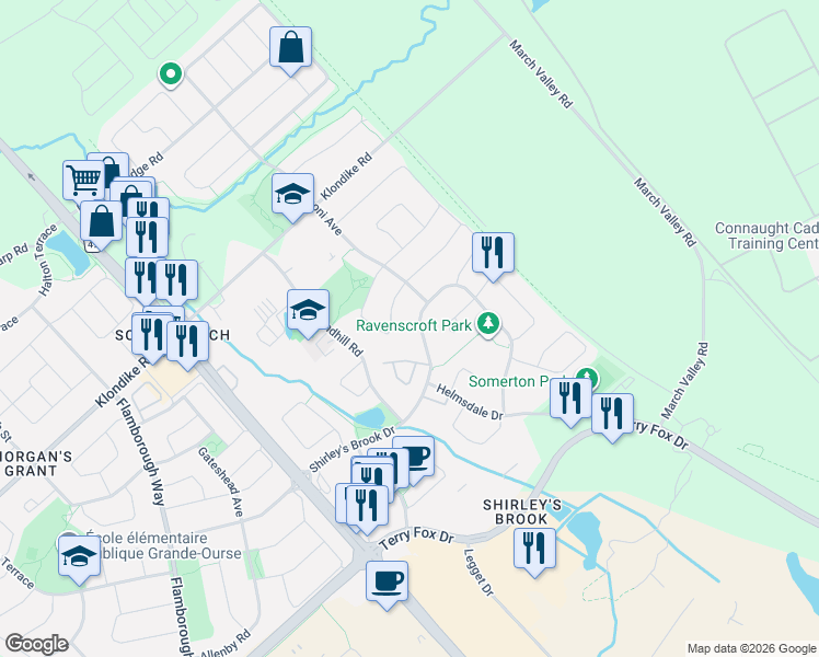 map of restaurants, bars, coffee shops, grocery stores, and more near 61 Shirley's Brook Drive in Ottawa