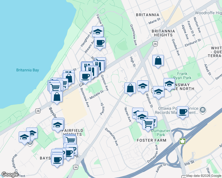 map of restaurants, bars, coffee shops, grocery stores, and more near 855 Grenon Avenue in Ottawa