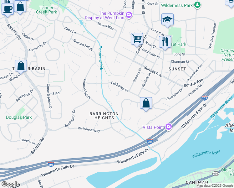 map of restaurants, bars, coffee shops, grocery stores, and more near 3806 Fairhaven Drive in West Linn