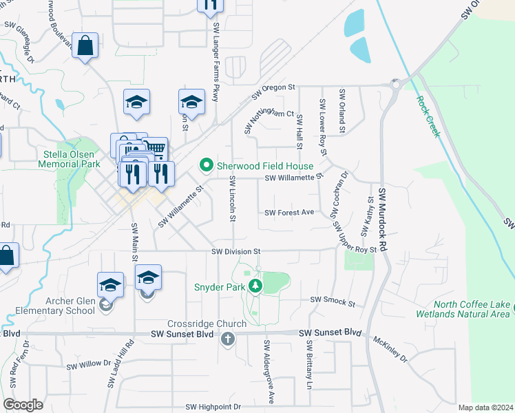 map of restaurants, bars, coffee shops, grocery stores, and more near 101 Southwest Norton Avenue in Sherwood