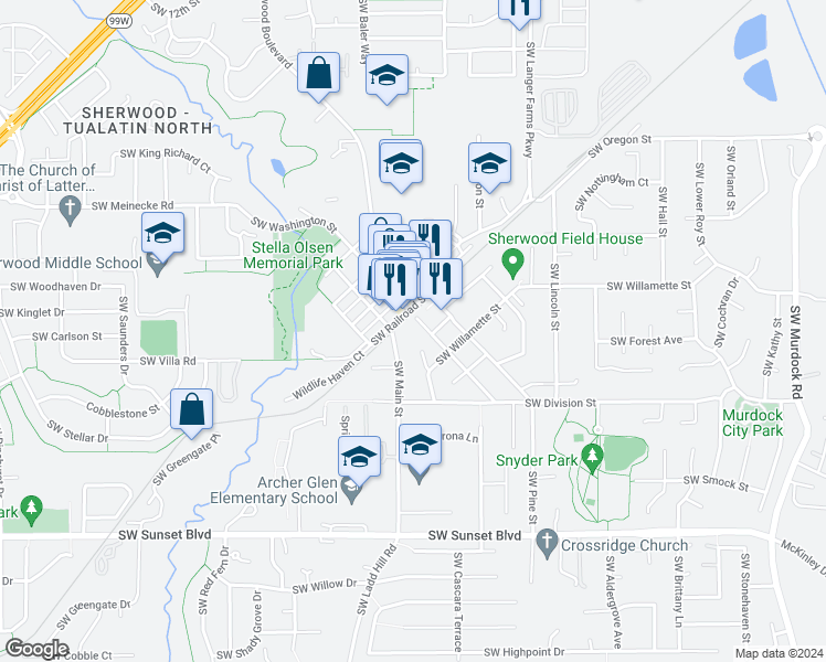 map of restaurants, bars, coffee shops, grocery stores, and more near 22833 Southwest Washington Street in Sherwood