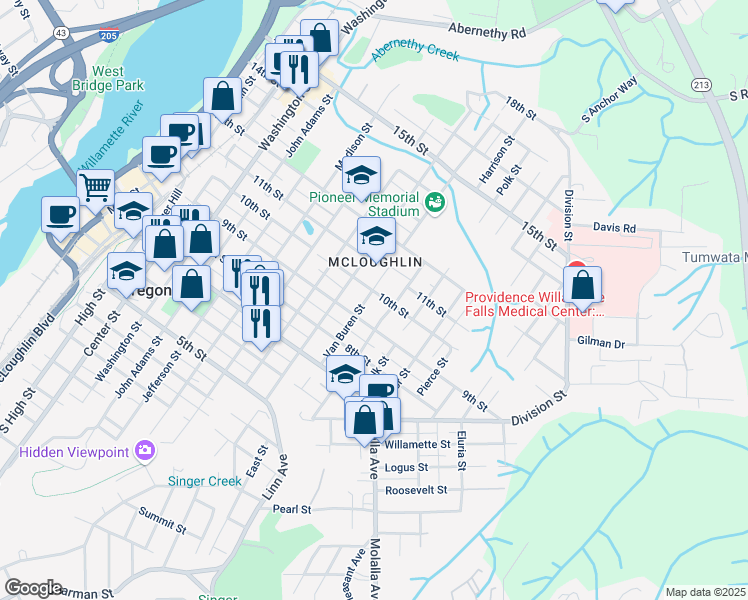 map of restaurants, bars, coffee shops, grocery stores, and more near 922 Van Buren Street in Oregon City