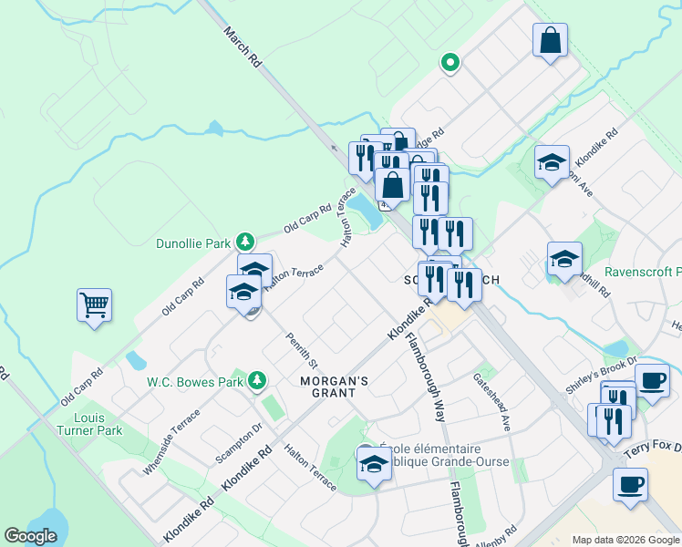 map of restaurants, bars, coffee shops, grocery stores, and more near 119 Woliston Crescent in Ottawa