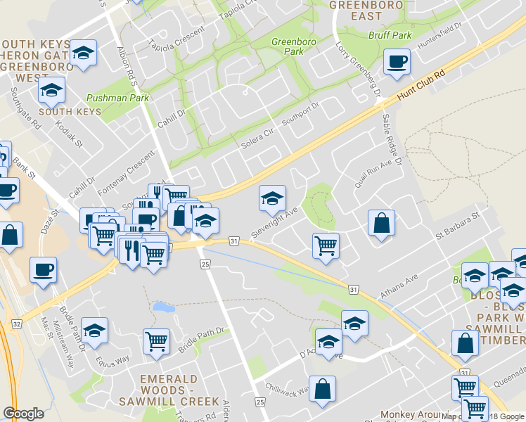 map of restaurants, bars, coffee shops, grocery stores, and more near 1517 Sieveright Avenue in Ottawa
