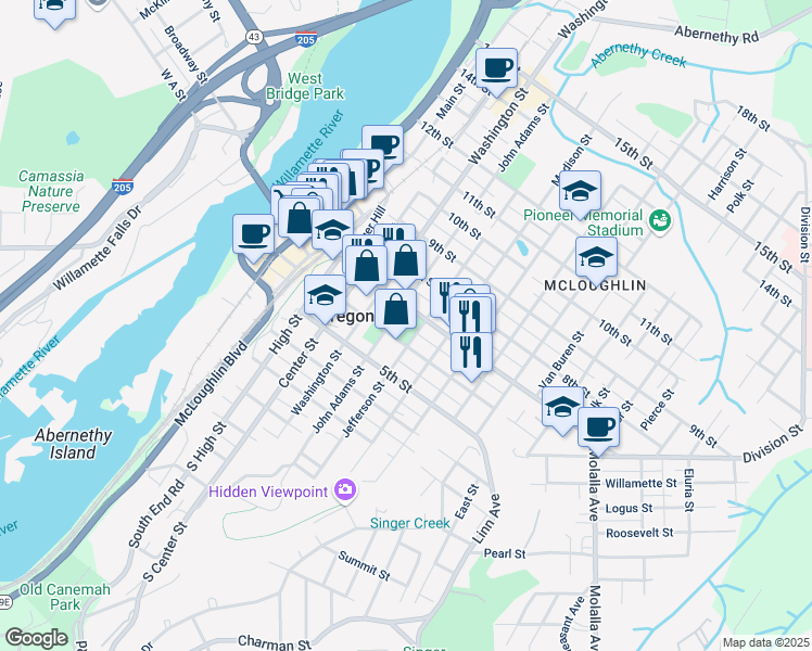 map of restaurants, bars, coffee shops, grocery stores, and more near 606 John Adams Street in Oregon City