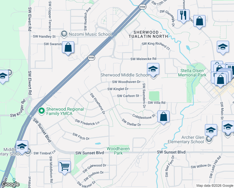 map of restaurants, bars, coffee shops, grocery stores, and more near 17417 Southwest Carlson Street in Sherwood