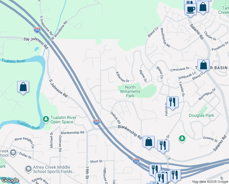 map of restaurants, bars, coffee shops, grocery stores, and more near 1411 Rosemarie Drive in West Linn