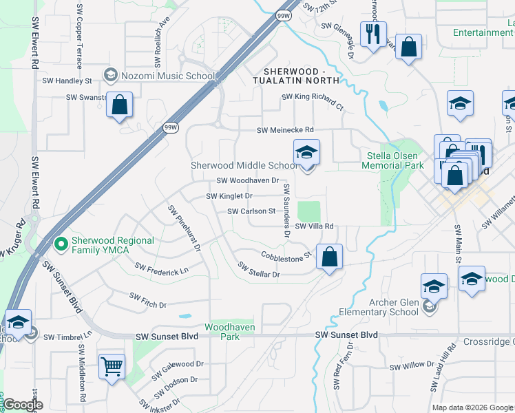 map of restaurants, bars, coffee shops, grocery stores, and more near 22668 Southwest Verdant Terrace in Sherwood