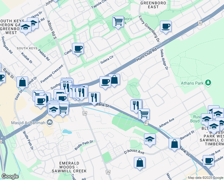 map of restaurants, bars, coffee shops, grocery stores, and more near 1517 Sieveright Avenue in Ottawa
