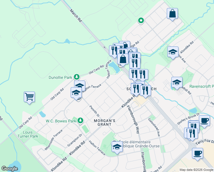 map of restaurants, bars, coffee shops, grocery stores, and more near 119 Woliston Crescent in Ottawa