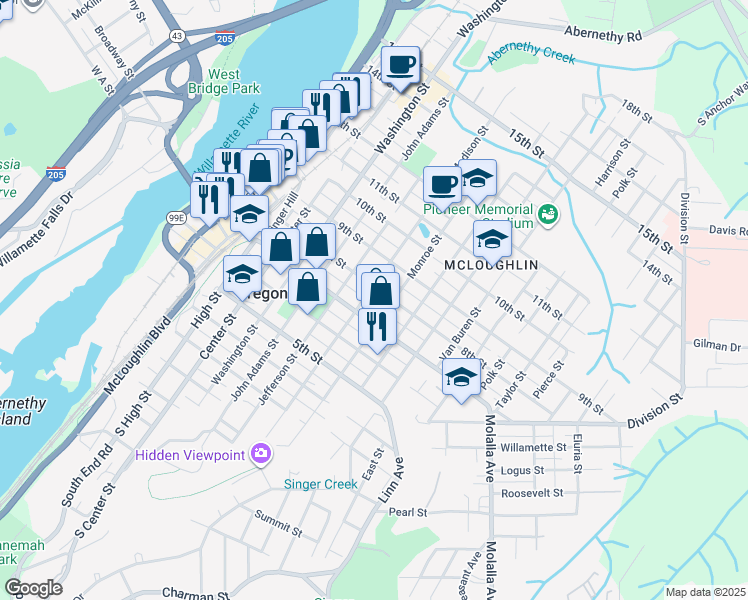map of restaurants, bars, coffee shops, grocery stores, and more near 918 8th Street in Oregon City