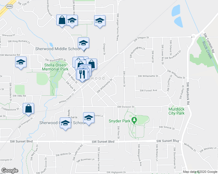map of restaurants, bars, coffee shops, grocery stores, and more near 15640 Southwest Willamette Street in Sherwood