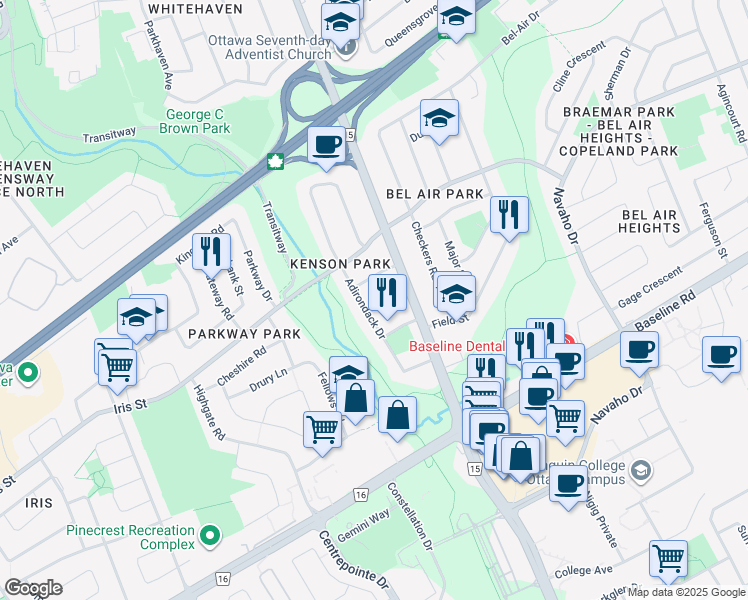 map of restaurants, bars, coffee shops, grocery stores, and more near 2255 Tecumseh Street in Ottawa