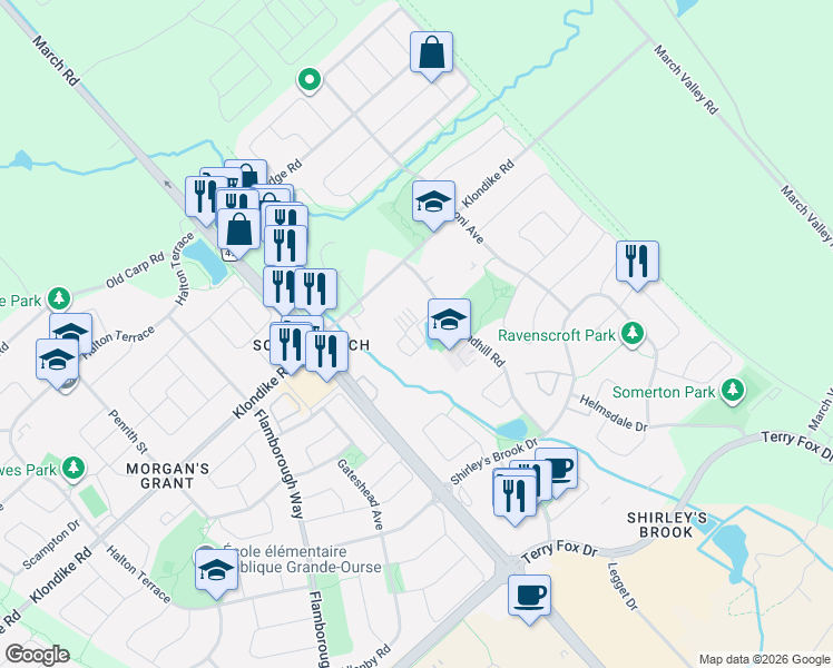 map of restaurants, bars, coffee shops, grocery stores, and more near 127 Attwell Private in Ottawa