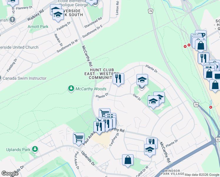 map of restaurants, bars, coffee shops, grocery stores, and more near 1288 Plante Drive in Ottawa