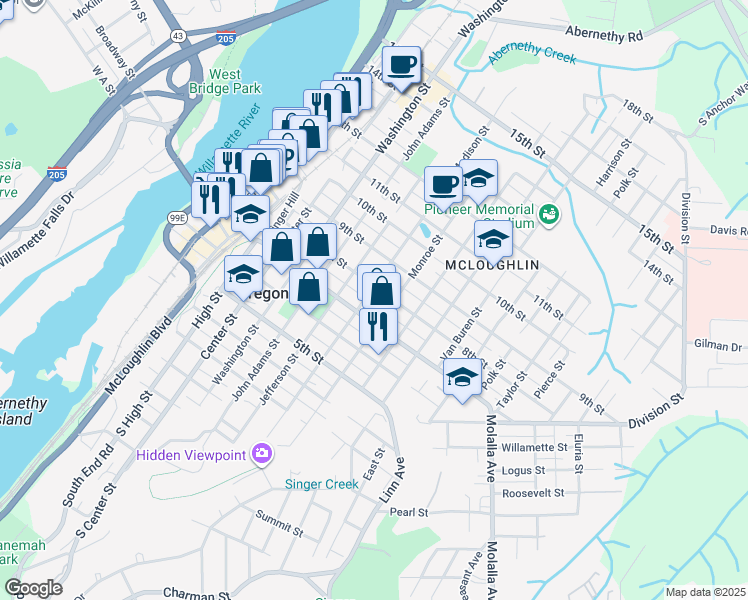 map of restaurants, bars, coffee shops, grocery stores, and more near 918 8th Street in Oregon City