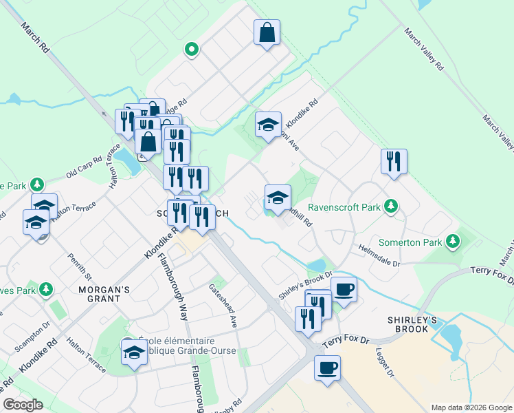 map of restaurants, bars, coffee shops, grocery stores, and more near 127 Attwell Private in Ottawa
