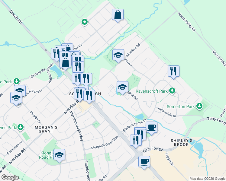 map of restaurants, bars, coffee shops, grocery stores, and more near 125 Attwell Private in Ottawa