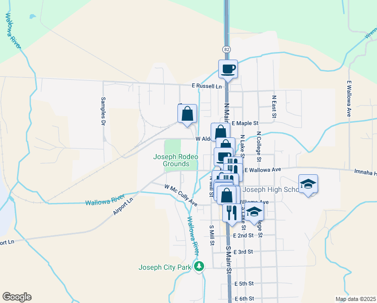 map of restaurants, bars, coffee shops, grocery stores, and more near 304 West Alder Street in Joseph
