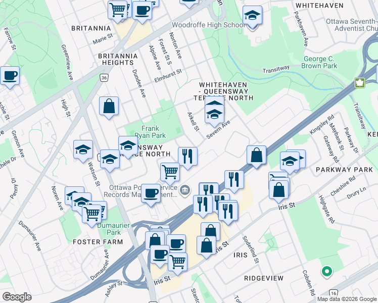 map of restaurants, bars, coffee shops, grocery stores, and more near in Ottawa