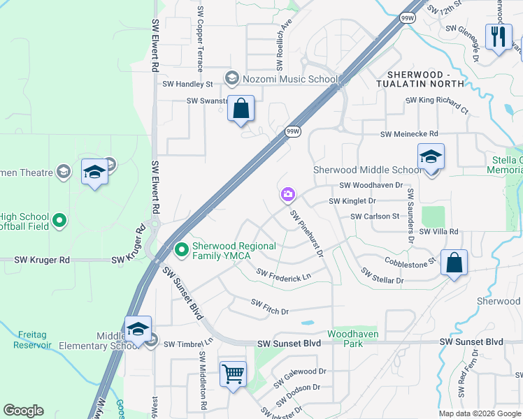 map of restaurants, bars, coffee shops, grocery stores, and more near 22839 Southwest Hosler Way in Sherwood