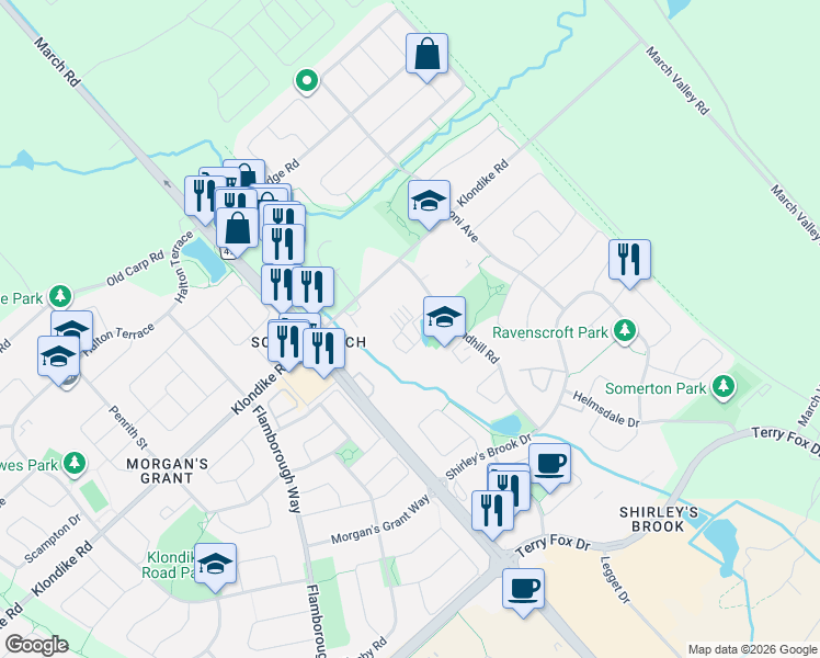 map of restaurants, bars, coffee shops, grocery stores, and more near 125 Attwell Private in Ottawa