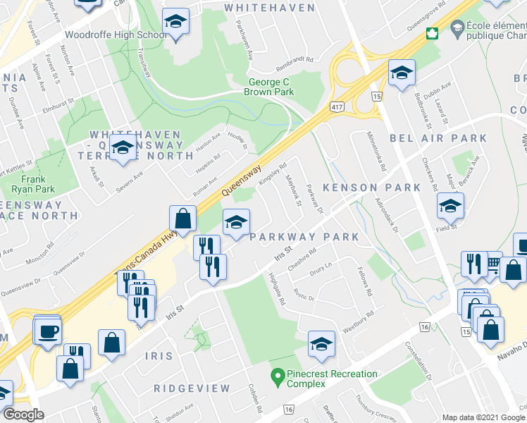 map of restaurants, bars, coffee shops, grocery stores, and more near 2123 Kingsley Road in Ottawa