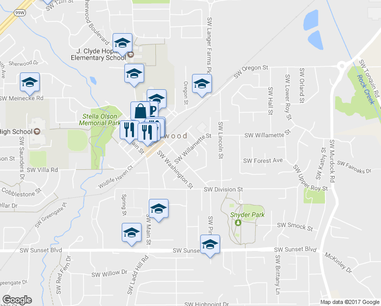 map of restaurants, bars, coffee shops, grocery stores, and more near 15640 Southwest Willamette Street in Sherwood