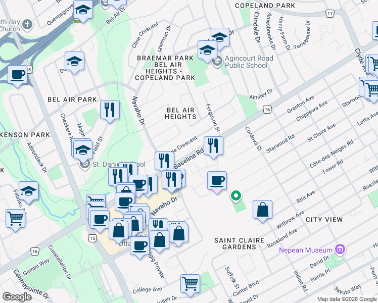 map of restaurants, bars, coffee shops, grocery stores, and more near 1785 Baseline Road in Ottawa