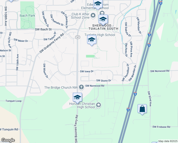 map of restaurants, bars, coffee shops, grocery stores, and more near Southwest 93rd Terrace in Tualatin