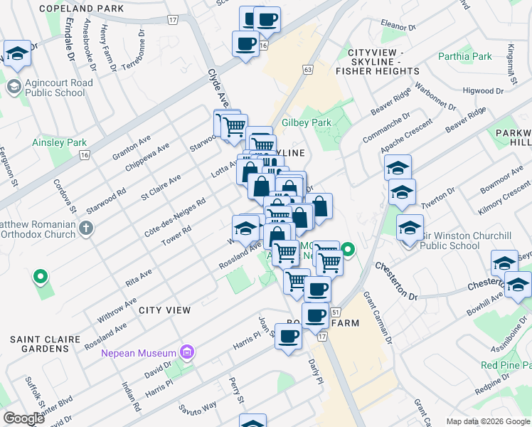 map of restaurants, bars, coffee shops, grocery stores, and more near in Ottawa