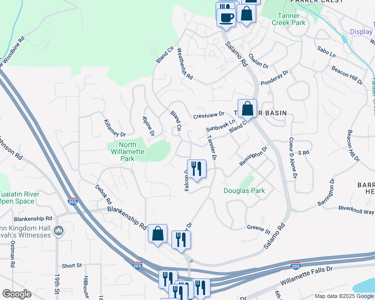 map of restaurants, bars, coffee shops, grocery stores, and more near 2306 Falcon Drive in West Linn