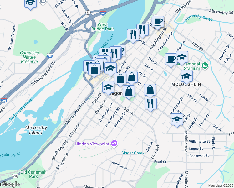 map of restaurants, bars, coffee shops, grocery stores, and more near in Oregon City