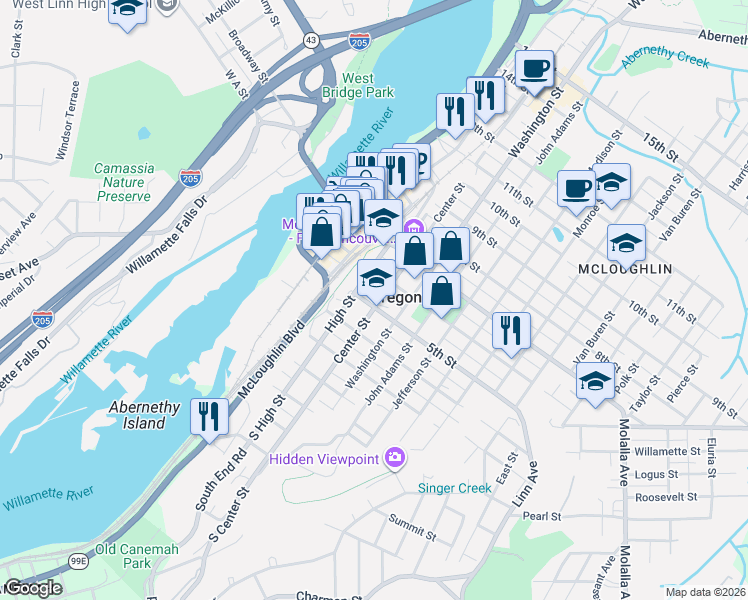 map of restaurants, bars, coffee shops, grocery stores, and more near 514 Center Street in Oregon City