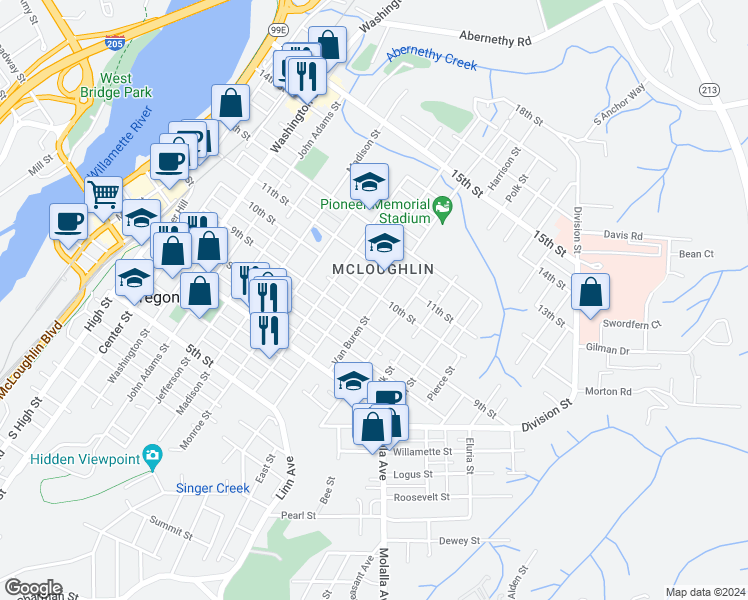 map of restaurants, bars, coffee shops, grocery stores, and more near 1220 10th Street in Oregon City