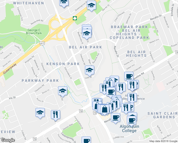 map of restaurants, bars, coffee shops, grocery stores, and more near 1245 Checkers Road in Ottawa