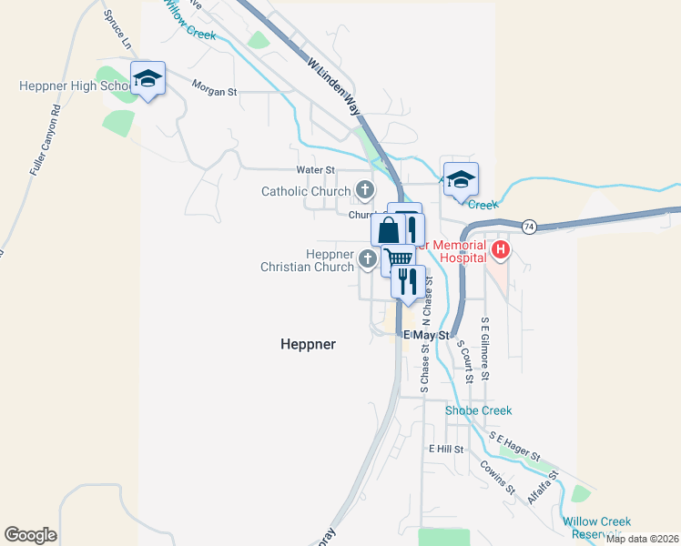map of restaurants, bars, coffee shops, grocery stores, and more near 260 West Center Street in Heppner