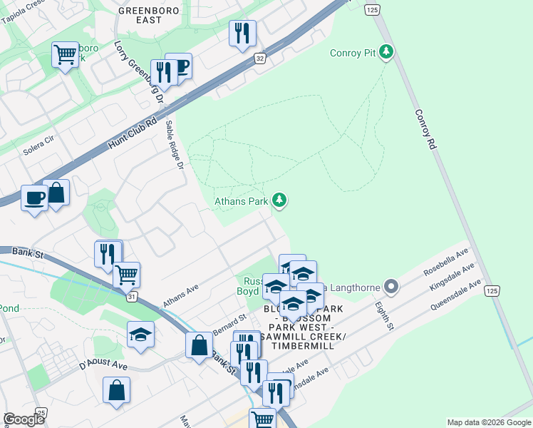 map of restaurants, bars, coffee shops, grocery stores, and more near 1773 Saint Barbara Street in Ottawa