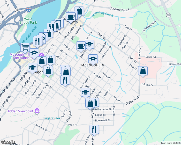map of restaurants, bars, coffee shops, grocery stores, and more near 1220 10th Street in Oregon City