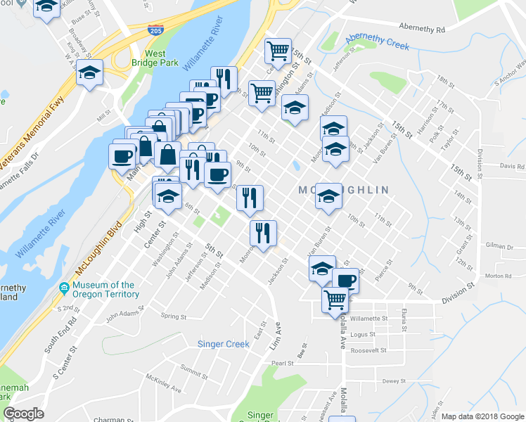 map of restaurants, bars, coffee shops, grocery stores, and more near 714 Madison Street in Oregon City